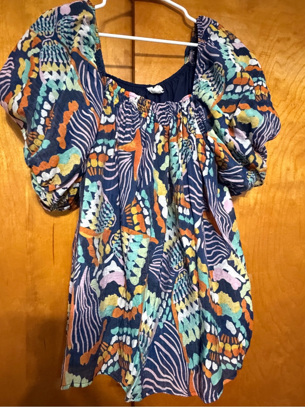 Chic Soul Navy Multi-Color Puff-Sleeve Blouse